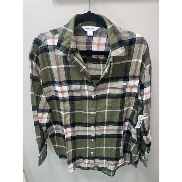 Old Navy Tops - Old Navy The Boyfriend Shirt Olive Green Plaid Cotton Button Down Womens Large